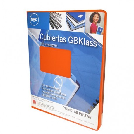 CUBIERTAS RAYADAS GBC GBKLASS COLOR NARANJA TRANSPARENTE PUNTOS DE ESPESOR 17 TAMAÑO CARTA 1 PAQUETE CON 50 PIEZAS