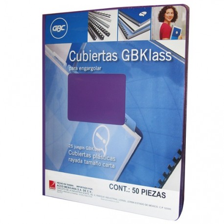 CUBIERTAS RAYADAS GBC GBKLASS COLOR MORADO PUNTOS DE ESPESOR 17 TAMAÑO CARTA 1 PAQUETE CON 50 PIEZAS