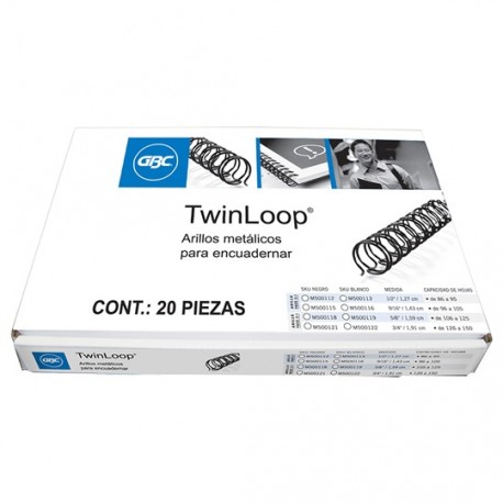 GUSANO DE ARILLO METALICO GBC DE 5/8 PULGADA PASO 2:1 HASTA 106 A 125 HOJAS COLOR NEGRO 1 PAQUETE CON 20 PIEZAS