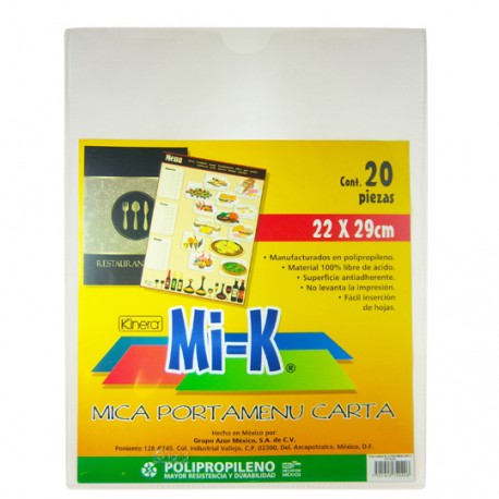 MICA PARA MENU TAMAÑO CARTA KINERA 5208 FORMA FLEXIBLE 75 MICRONES 1 PAQUETE CON 20 PIEZAS