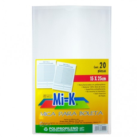 MICA PARA BOLETAS TAMAÑO 15 X 25 CM KINERA 5206 FORMA FLEXIBLE 75 MICRONES 1 PAQUETE CON 20 PIEZAS
