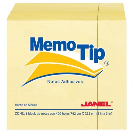 NOTA ADHESIVA REMOVIBLE JANEL MEMOTIP COLOR AMARILLO FORMA CUADRADA 400 HOJAS