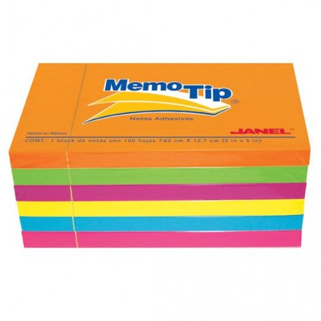 NOTA ADHESIVA REMOVIBLE JANEL MEMOTIP COLORES NEON FORMA RECTANGULAR 100 HOJAS