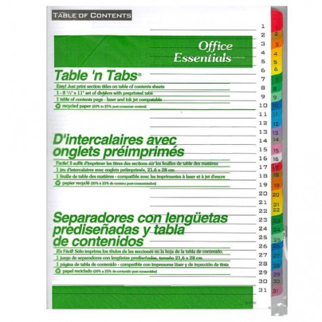 SEPARADOR OFFICE ESSENTIAL 11681 TAMAÑO CARTA CON 31 DIVISIONES DE PAPEL CON CEJAS MULTICOLOR 1 JUEGO