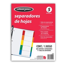 SEPARADOR WILSON JONES P2455 TAMAÑO CARTA CON 5 DIVISIONES DE PAPEL CON CEJAS MULTICOLOR 1 JUEGO