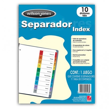 SEPARADOR WILSON JONES P1347 TAMAÑO CARTA CON 10 DIVISIONES DE PAPEL CON CEJAS MULTICOLOR 1 JUEGO