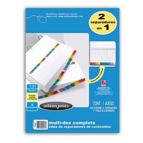 SEPARADOR WILSON JONES P0447 TAMAÑO CARTA CON 31 DIVISIONES DE PAPEL CON CEJAS MULTICOLOR 1 JUEGO