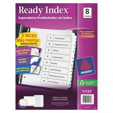 SEPARADOR AVERY 11132 TAMAÑO CARTA CON 8 DIVISIONES DE PAPEL CON CEJAS BLANCAS 1 JUEGO