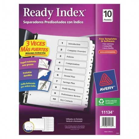 SEPARADOR AVERY 11134 TAMAÑO CARTA CON 10 DIVISIONES DE PAPEL CON CEJAS BLANCAS 1 JUEGO