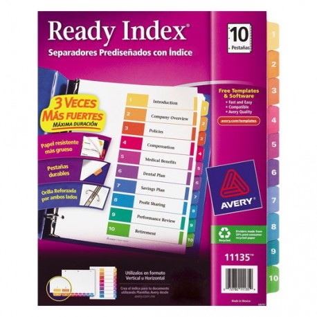 SEPARADOR AVERY 11135 TAMAÑO CARTA CON 10 DIVISIONES DE PAPEL CON CEJAS MULTICOLOR 1 JUEGO