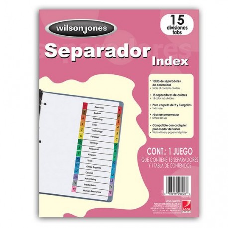 SEPARADOR WILSON JONES P1365 TAMAÑO CARTA CON 15 DIVISIONES DE PAPEL CON CEJAS MULTICOLOR 1 JUEGO