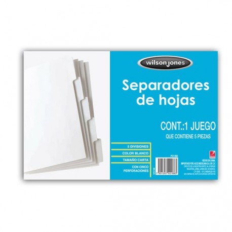 SEPARADOR WILSON JONES P2188 TAMAÑO CARTA CON 5 DIVISIONES DE PAPEL CON CEJAS BLANCAS 1 JUEGO