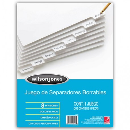 SEPARADOR WILSON JONES P0155 TAMAÑO CARTA CON 8 DIVISIONES DE PAPEL CON CEJAS PLASTIFICADAS 1 JUEGO