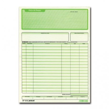 POLIZA DE CHEQUE PC FORM CP-1013 TAMAÑO CARTA ORIGINAL Y COPIA 1 BLOCK CON 25 JUEGOS