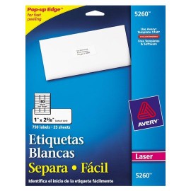 ETIQUETAS SEPARA FACIL BLANCAS AVERY 5260 DE 2.5X6.7 CM 1 PAQUETE