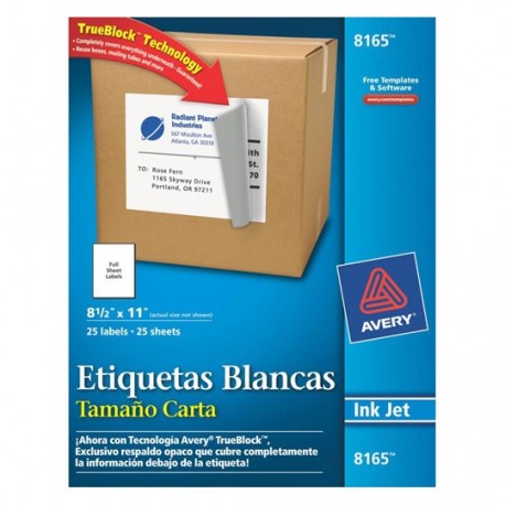 ETIQUETAS TAMAÑO CARTA BLANCAS AVERY 8165 DE 21.6X27.9 CM 1 PAQUETE