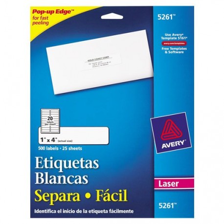 ETIQUETAS SEPARA FACIL BLANCAS AVERY 5261 DE 2.5X10.2 CM 1 PAQUETE