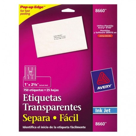ETIQUETAS SEPARA FACIL TRANSPARENTES AVERY 8660 DE 2.5X10.2 CM 1 PAQUETE