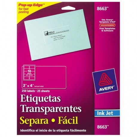 ETIQUETAS SEPARA FACIL TRANSPARENTES AVERY 8363 DE 5.1X10.2 CM 1 PAQUETE