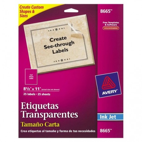 ETIQUETAS TAMAÑO CARTA TRANSPARENTES AVERY 8665 DE 21.6X27.9 CM 1 PAQUETE