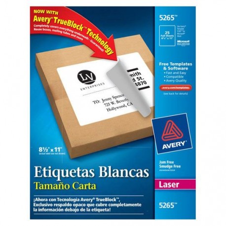 ETIQUETAS BLANCAS AVERY 5265 DE 21.6X27.9 CM 1 PAQUETE