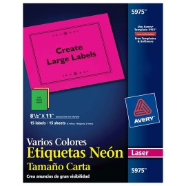 ETIQUETAS TAMAÑO CARTA COLOR NEON (VARIOS) AVERY 5975 DE 21.6 X 27.9 CM 1 PAQUETE