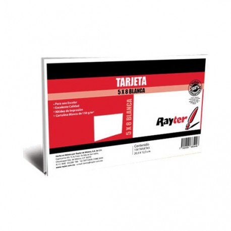 TARJETA DE TRABAJO RAYTER 20.3 X 12.3 CM COLOR BLANCA 1 PAQUETE CON 100 PIEZAS