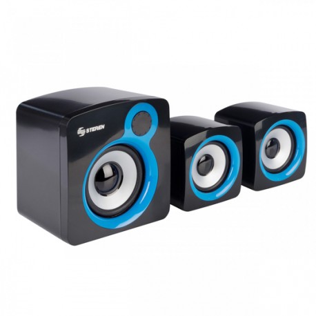 BOCINAS CON SUBWOOFER ALAMBRICAS STEREN BOC-1025 CON CONEXION 3.5 MM COLOR NEGRO CON AZUL