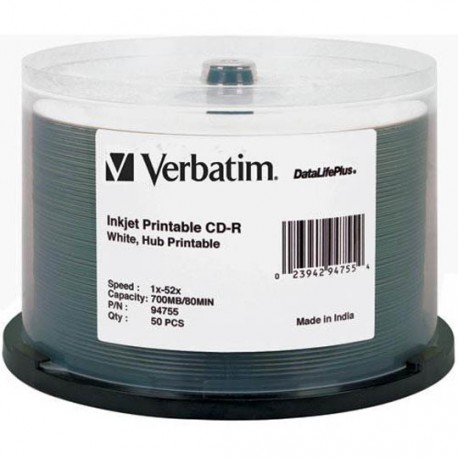 CD IMPRIMIBLE CD-R VERBATIM 94755 CAPACIDAD 700 MB VELOCIDAD 52X CAMPANA DE 50 PIEZAS