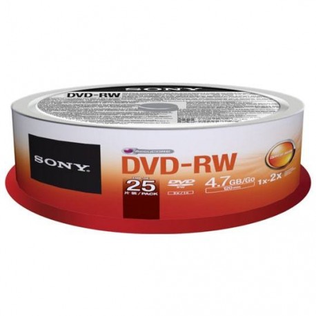 DVD DVD-RW SONY 25DMW47 CAPACIDAD 4.7GB VELOCIDAD DE TRANSFERENCIA 2X CAMPANA DE 25 PIEZAS