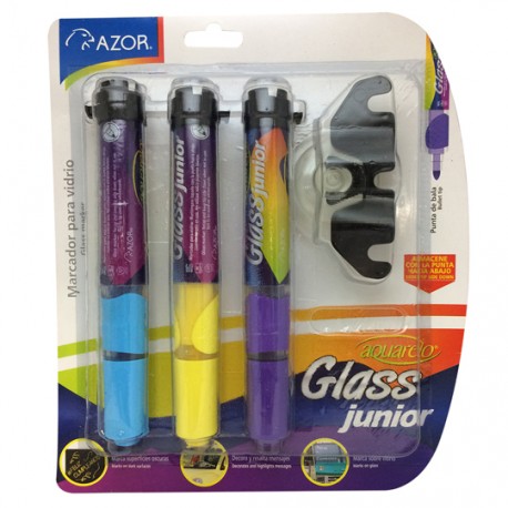 MARCADOR PARA VIDRIO AZOR AQUARELO GLASS JUNIOR AMARILLO,VIOLETA Y AZUL 3 PIEZA