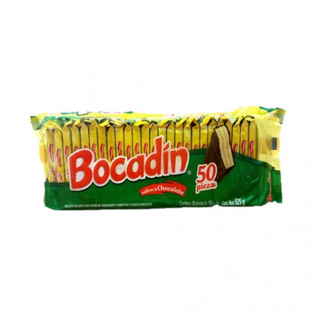 PAQUETE CHOCOLATE CON GALLETA BOCADIN 50 PZAS DE 10GR C/U