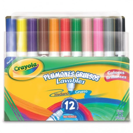 PLUMON SURTIDO CRAYOLA PLUMON GRUESO LAVABLE TIPO DE PUNTA MEDIANA Y GRUESA 12 PIEZAS